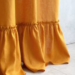 Linen Curtains Mustard, Farmhouse Curtains, Ruffled Curtain Panel, Tab Top Ruffle Curtain, Linen Shower Curtain - thumbnail 3