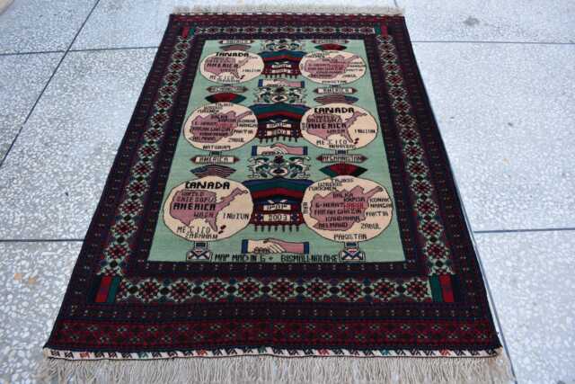 Vintage Afghan World Map Rug Handmade Wool Balochi Rug - 5.3x3.6 Ft - image 1