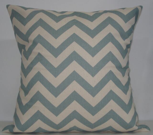 New 18x18 Inch Designer Handmade Pillow Case. Village Blue & Natural Chevron Zig Zag Pattern