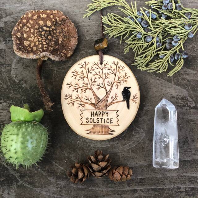Happy Solstice Ornament Or Wall Hanging. Wood Burned Winter Tree With Raven in The Branches. Handmade By Forage Workshop Preorder - image 1