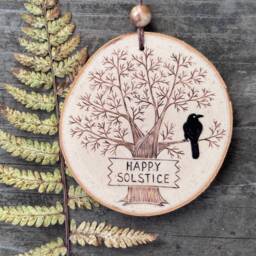 Happy Solstice Ornament Or Wall Hanging. Wood Burned Winter Tree With Raven in The Branches. Handmade By Forage Workshop Preorder - thumbnail 2