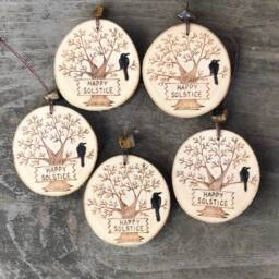 Happy Solstice Ornament Or Wall Hanging. Wood Burned Winter Tree With Raven in The Branches. Handmade By Forage Workshop Preorder - thumbnail 4