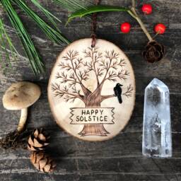 Happy Solstice Ornament Or Wall Hanging. Wood Burned Winter Tree With Raven in The Branches. Handmade By Forage Workshop Preorder - thumbnail 3