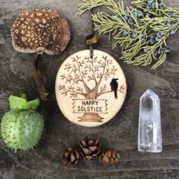 Happy Solstice Ornament Or Wall Hanging. Wood Burned Winter Tree With Raven in The Branches. Handmade By Forage Workshop Preorder - thumbnail 1