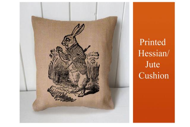 White Rabbit Alice in Wonderland - Cushion Fabric Panel Or Case Or With Filling Rustic Natural Jute Burlap Hessian