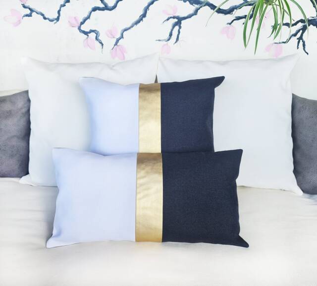 Gold Faux Leather Color Block Pillow Cover Modern Scandinavian Linen - image 1