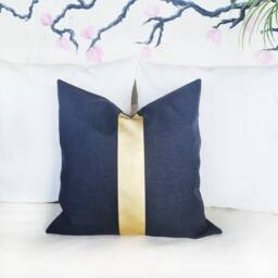 Gold Faux Leather Color Block Pillow Cover Modern Scandinavian Linen - thumbnail 4