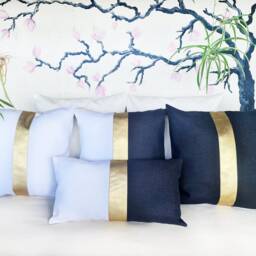Gold Faux Leather Color Block Pillow Cover Modern Scandinavian Linen - thumbnail 3