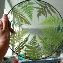 Dried Fern Plant in Stained Glass Frame, Pressed Green & Yellow Leaves, Botanical Wall Hanging, Round Floating Nature Lover Gift - thumbnail 2