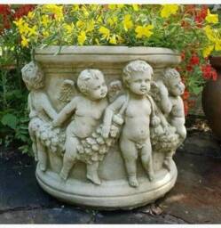 Pair Of Large Cherub Pots - Reconstituted Stone Planter Urn Vase Garden Ornament - thumbnail 1