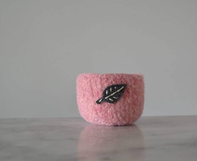 Wool Bowl - Felted in Pale Pink With Grey Leaf Air Plant Planter Tillandsia Home Gifts For Gardeners - image 1