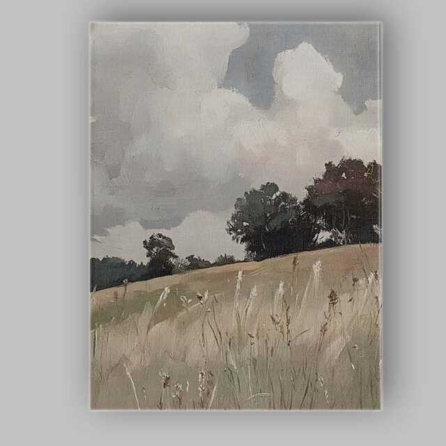 Soft Neutral Wildflower Meadow Cloudy Sky Impressionist Landscape Canvas Wall Art Print Decor Picture Ready To Hang - image 1