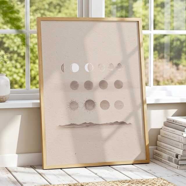 Minimal Celestial Study Moon Phases & Spheres Neutral Japandi Wall Art Modern Meditation Decor Poster Framed Print Canvas - image 1