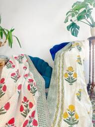 Kantha Stitch Patchwork Pure Cotton Reversible Bed Sofa Kids Room Throw Single Twin Dohar Floral Elegant White Yellow Red Marigold Stripe - thumbnail 1