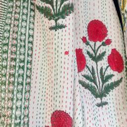 Kantha Stitch Patchwork Pure Cotton Reversible Bed Sofa Kids Room Throw Single Twin Dohar Floral Elegant White Yellow Red Marigold Stripe - thumbnail 3