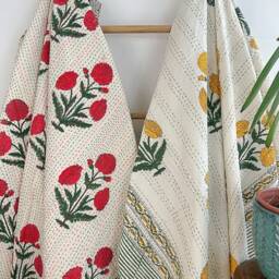 Kantha Stitch Patchwork Pure Cotton Reversible Bed Sofa Kids Room Throw Single Twin Dohar Floral Elegant White Yellow Red Marigold Stripe - thumbnail 2