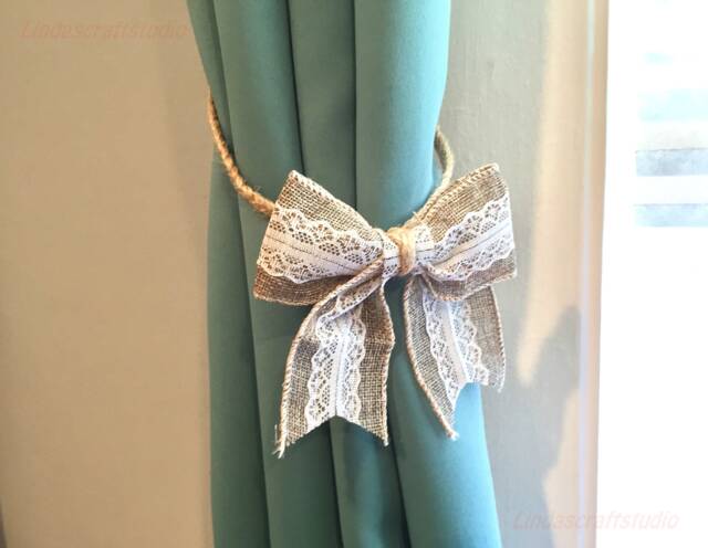 Rustic Burlap Bow Curtain Tie-Backs Braided Hemp Rope, Set Of 2 - image 1