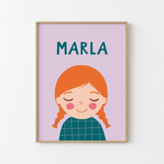 Personalized Portrait Girl With Red Hair - Purple Green Illustration Poster For Kids Wall Decor Kids Room - image 1