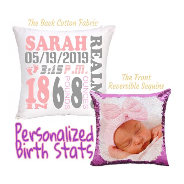 Personalized Birth Stats Photo Sequin Cushion, Custom Announcement Magic Pillow, Newborn Baby Gift - image 1