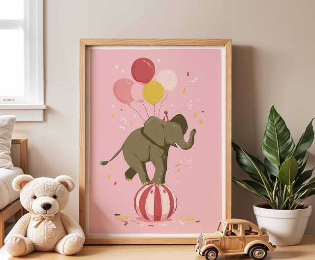 Elephant Nursery Poster, Cute Animal Wall Art, Baby Room Decor, Kids Bedroom Print, Playroom Circus Artwork - image 1