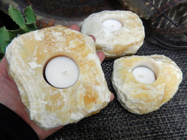 Mexican Orange Calcite Crystal Tea Light Candle Holder - image 1