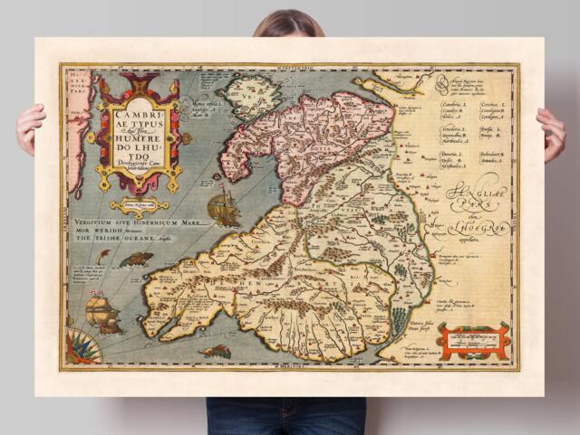Old Map Of The Wales, Cambriae Typus Auctore Humfredo Lhuydo Denbigiense Cambrobritanno, Gerhard Mercator, 1623, Ancient Welsh Maps - image 1