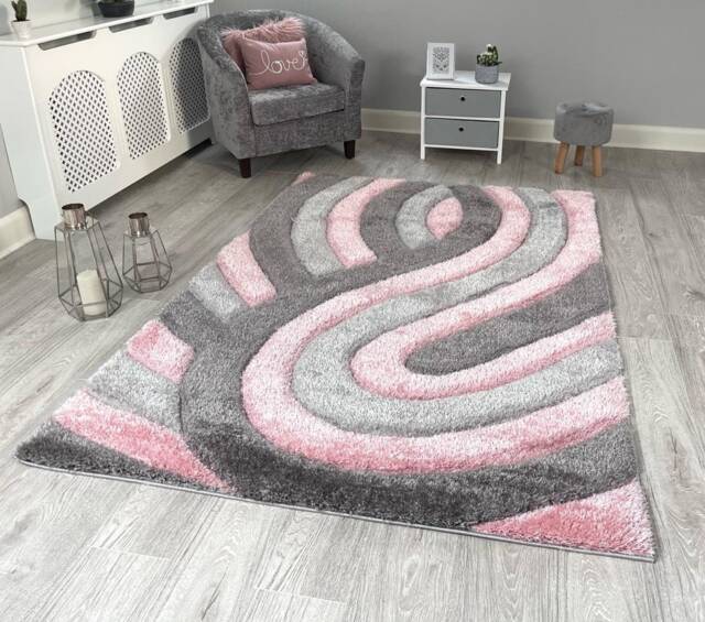 New Silky Soft Blush Pink, Grey, Silver, Tufted Swirl 3D Design Rug - image 1