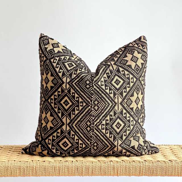 Black Neutral Tribal Hemp Hand Woven Natural Dye Color Lumbar Pillow Cover - Stains - image 1