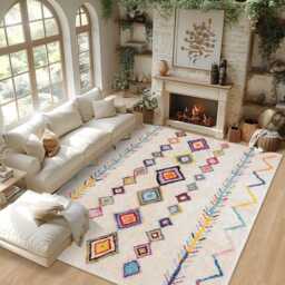 White Moroccan Berber Rug With Colorful Pattern, Shag Rug, Large 9x12 Handmade Area - thumbnail 2
