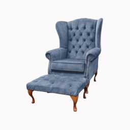 Chesterfield High Back Wing Chair & Stool - Presented in Luxury Blue Velvet The Kensington - thumbnail 1