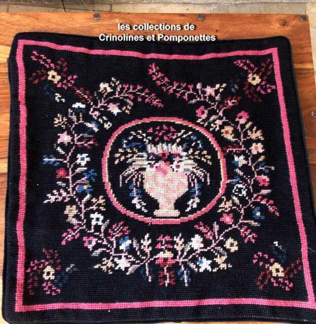 Cushion Cover Entirely Hand-Embroidered in Petit Point Floral Pattern On A Black Background With Border - image 1