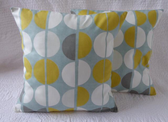 Handmade Circle Print Cushion Cover, Duck Egg Blue & Mustard Yellow 16 Inch - image 1