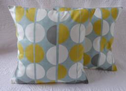 Handmade Circle Print Cushion Cover, Duck Egg Blue & Mustard Yellow 16 Inch - thumbnail 1