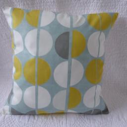 Handmade Circle Print Cushion Cover, Duck Egg Blue & Mustard Yellow 16 Inch - thumbnail 3
