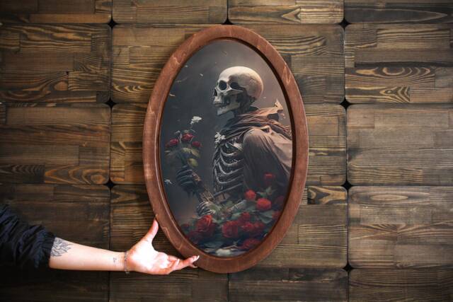 Skeleton Portrait Wood Wall Plaque Gothic Home Decor - 24x16In, Wooden Oval Painting, Skeleton Painting, Oval Art, Wooden - image 1