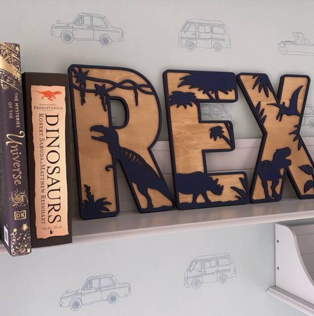 Dinosaur Theme Wall Decor Large Letters Name Sign - Customisable Colours Wood Backing Nursery Decor 30cm - image 1