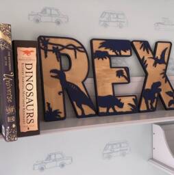 Dinosaur Theme Wall Decor Large Letters Name Sign - Customisable Colours Wood Backing Nursery Decor 30cm - thumbnail 1