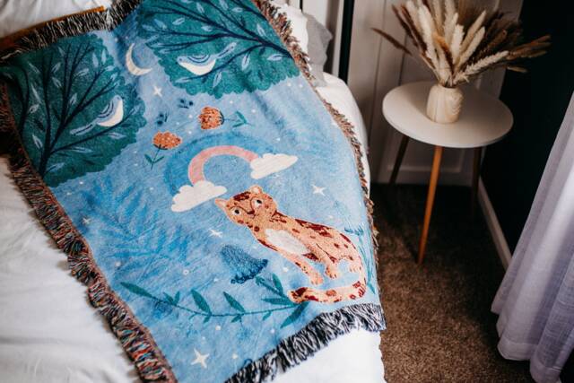 Blue Leopard Cotton Woven Throw Blanket, Kids Room Decor - image 1