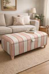 Handmade Striped Ottoman Footstool Linwood Dimity Wavy Cotton Fabric, Wooden Legs, Interior Storage - thumbnail 1