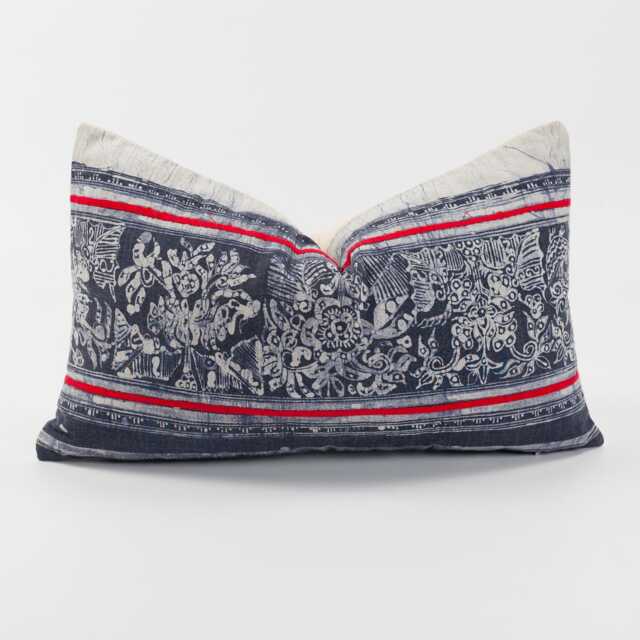 Vintage Hmong Indigo Batik Lumbar Pillow - Tribal Throw Cushion - 12x20 - image 1
