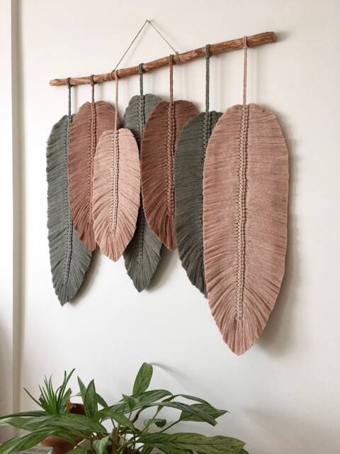 Boho Macrame Feather Wall Hanging Brown, Green, Beige Home Decor - image 1