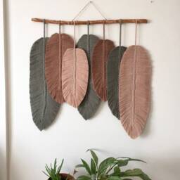 Boho Macrame Feather Wall Hanging Brown, Green, Beige Home Decor - thumbnail 3