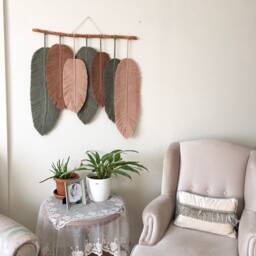 Boho Macrame Feather Wall Hanging Brown, Green, Beige Home Decor - thumbnail 2