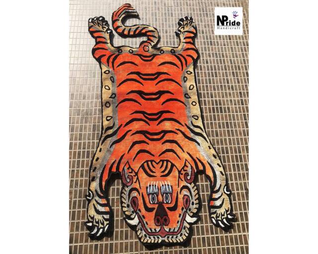 Tibetan Tiger Silk Rug Handknotted Rust Orange 3x6Ft Nepal - Buddhist Luxury Animal Carpet - image 1