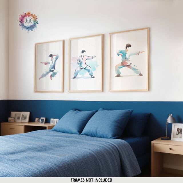 Kung Fu Wall Art Set - 3 Prints - Pastel Print Gifts Boxing Gift Definition Martial Arts Poster Decor Watercolour Artwork - image 1