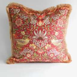 Handmade Red Velvet Strawberry Thief Cushion /Cover - William Morris Design - thumbnail 1