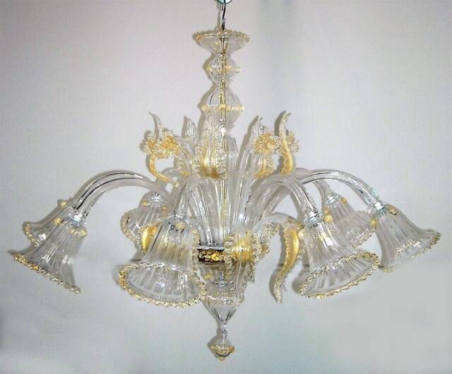 Classic Murano Glass Chandelier, 8 Light Chandelier With 24Kt Gold Accents, Hand Blown Light, Clear Crystalline Ceiling