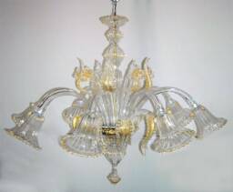 Classic Murano Glass Chandelier, 8 Light Chandelier With 24Kt Gold Accents, Hand Blown Light, Clear Crystalline Ceiling