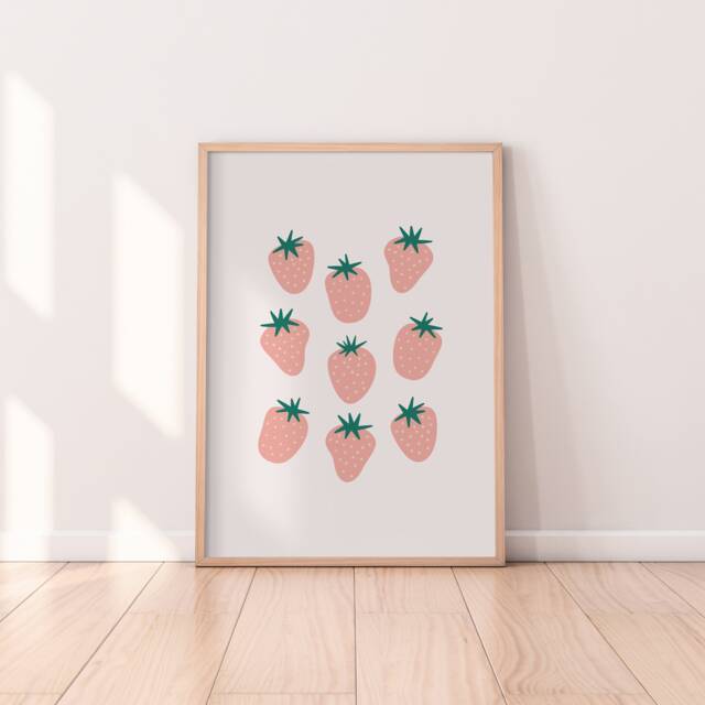 Cute Strawberries Print - Minimalist Boho Prints, Dining Room Colourful Wall Art, Kitchen Gallery Print, A5 A4 A3 - image 1