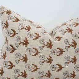 Dahlia -- 14x20 Brown Floral Linen Pillow Cover Block Print Modern Farmhouse Spring Designer - thumbnail 2